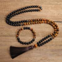 Gemstone Necklaces, Tiger Eye, with Polyester Yarns & Black Agate, handmade, Natural & fashion jewelry & for woman, multi-colored 