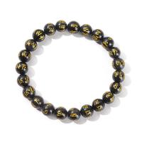 Bracelet obsidienne noire, Rond, bijoux de mode & unisexe & normes différentes pour le choix & or accentué, noire Environ 19 cm, Vendu par PC