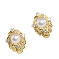 Brass Stud Earring, with Plastic Pearl, gold color plated, fashion jewelry & micro pave cubic zirconia & for woman [