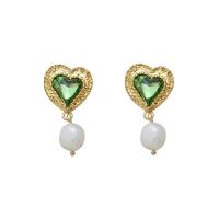 Freshwater Pearl Brass Earring, with Cubic Zirconia & Freshwater Pearl, Heart, gold color plated, fashion jewelry & for woman 40mm 