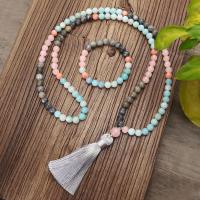 Gemstone Necklaces, ​Amazonite​, with Polyester Yarns & Labradorite & Rose Quartz, handmade, fashion jewelry & for woman, multi-colored, 8mm 