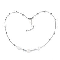 Natural Freshwater Pearl Necklace, 304 Stainless Steel, with Freshwater Pearl, with 5cm extender chain, Oval, Vacuum Ion Plating, fashion jewelry & for woman Approx 38 cm 