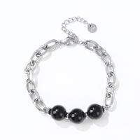 Stainless Steel Chain Bracelets, 304 Stainless Steel, with Agate, with 4cm extender chain, Round, Vacuum Ion Plating, fashion jewelry & for woman Approx 16.5 cm 