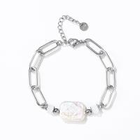 Stainless Steel Chain Bracelets, 304 Stainless Steel, with Glass Beads & Freshwater Pearl, with 4cm extender chain, Rectangle, Vacuum Ion Plating, fashion jewelry & for woman Approx 17 cm 