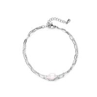 Stainless Steel Chain Bracelets, 304 Stainless Steel, with Freshwater Pearl, with 3cm extender chain, Oval, Vacuum Ion Plating, Double Layer & fashion jewelry & for woman Approx 16 cm [