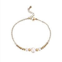 Stainless Steel Chain Bracelets, 304 Stainless Steel, with Freshwater Pearl, with 3cm extender chain, Round, Vacuum Ion Plating, fashion jewelry & for woman, white Approx 16 cm [