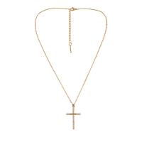 Rhinestone Brass Necklace, with 2.36inch extender chain, Cross, gold color plated & for woman & with rhinestone, golden Approx 14.96 Inch 