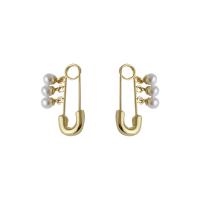 Brass Drop Earring, with Plastic Pearl, Paper Clip, gold color plated, fashion jewelry & for woman, 25mm 