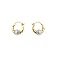Brass Huggie Hoop Earring, with Plastic Pearl, Donut, gold color plated, fashion jewelry & for woman, 15mm 