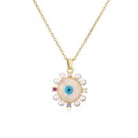 Evil Eye Jewelry Necklace, Brass, with Plastic Pearl, with 5cm extender chain, Round, plated, fashion jewelry & micro pave cubic zirconia & enamel cm 