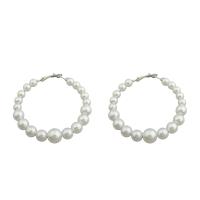Brass Hoop Earring, with Plastic Pearl, Donut, silver color plated, fashion jewelry & for woman, white 