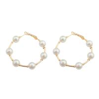 Brass Hoop Earring, with Plastic Pearl, Donut, gold color plated, fashion jewelry & for woman, white 