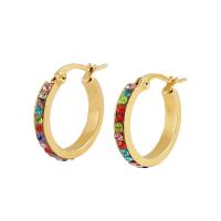 Titanium Steel Earrings, 18K gold plated, fashion jewelry & for woman & with rhinestone, golden, 20mm 