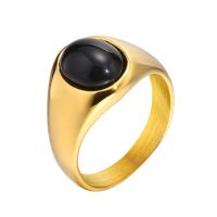 Gemstone Stainless Steel Finger Ring, 304 Stainless Steel, with Black Agate, Vacuum Ion Plating, fashion jewelry & for woman, golden, 13mm 