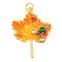 Rhinestone Brass Pendants, Maple Leaf, gold color plated, fashion jewelry & DIY & enamel & with rhinestone, mixed colors 