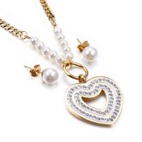 Titanium Steel Jewelry Set, Stud Earring & necklace, with Plastic Pearl, Heart, 2 pieces & micro pave cubic zirconia & for woman 8mm,32*28mm Approx 17.32 Inch [