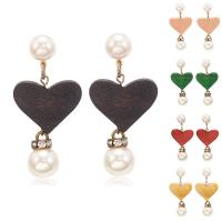 Wood Earring, with Plastic Pearl & Zinc Alloy, Heart, brushwork, for woman & with rhinestone 