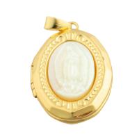 Pendentif médaillon en laiton, avec coquille blanche, Placage de couleur d'or, bijoux de mode & DIY, couleurs mélangées Vendu par PC[