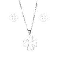 Fashion Stainless Steel Jewelry Sets, 304 Stainless Steel, Stud Earring & necklace, Four Leaf Clover, 2 pieces & fashion jewelry & for woman, silver color Approx 17.72 Inch 