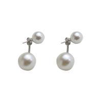 Brass Drop Earring, Plastic Pearl, with Brass, Round, silver color plated, for woman 