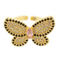 Палец кольцо-латунь, Латунь, бабочка, плакирован золотом, ювелирные изделия моды & со стразами, разноцветный продается PC
