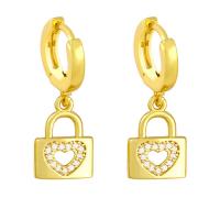 Brass Drop Earring, Lock, plated, fashion jewelry & micro pave cubic zirconia, gold 