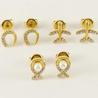 Titanium Steel Stud Earring, with Plastic Pearl, 18K gold plated & for woman & with rhinestone, golden 