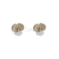 Brass Stud Earring, with Cubic Zirconia & Shell, Flower, gold color plated, for woman, 10mm [