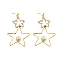 Rhinestone Brass Drop Earring, with Plastic Pearl, Star, gold color plated, fashion jewelry & DIY & with rhinestone 