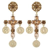 Zinc Alloy Rhinestone Drop Earring, Cross, gold color plated, for woman & with rhinestone [