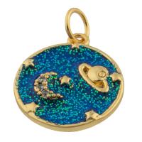 Enamel Brass Pendants, Round, gold color plated, fashion jewelry & DIY & with rhinestone, mixed colors 