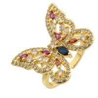 Cubic Zirconia Micro Pave Brass Finger Ring, Butterfly, gold color plated, fashion jewelry & DIY & micro pave cubic zirconia & with rhinestone, mixed colors 