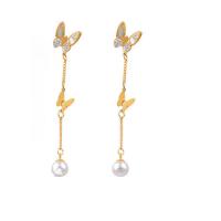 Stainless Steel Drop Earring, 316L Stainless Steel, with White Shell & Plastic Pearl, Butterfly, Vacuum Ion Plating, fashion jewelry & for woman, golden, 75mm 