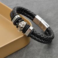 PU Leather Cord Bracelets, Zinc Alloy, with PU Leather, Skull, plated, fashion jewelry & for man, black, Inner Approx 60mm 