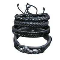 Wrap Bracelets, PU Leather, with Cowhide & Wood & Zinc Alloy, Motorcycle, plated, fashion jewelry & multilayer & for man, black, Inner Approx 60mm 
