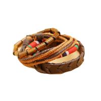 Wrap Bracelets, PU Leather, with Cloth & Wood, multilayer & folk style & for man, coffee color, Inner Approx 60mm 
