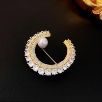 Plastic Pearl Brooch, Brass, with Plastic Pearl, real gold plated, fashion jewelry & micro pave cubic zirconia & for woman, golden 