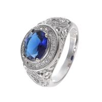 Cubic Zircon Brass Finger Ring, with Cubic Zirconia, Oval, platinum plated, fashion jewelry & micro pave rhinestone & for woman & faceted, blue 