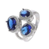 Кубическое цирконовое латунное кольцо, Латунь, с кубический цирконий, покрытый платиной, ювелирные изделия моды & Мужская & разный размер для выбора & граненый, голубой, продается PC
