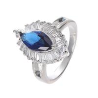 Кубическое цирконовое латунное кольцо, Латунь, с кубический цирконий, Лошадиный глаз, покрытый платиной, ювелирные изделия моды & Мужская & разный размер для выбора & граненый, голубой, продается PC