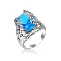 Кубическое цирконовое латунное кольцо, Латунь, с кубический цирконий, покрытый платиной, ювелирные изделия моды & Мужская & разный размер для выбора & граненый, небесно-голубой, продается PC