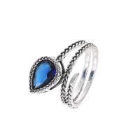 Cubic Zircon Brass Finger Ring, with Cubic Zirconia, Teardrop, antique silver color plated, Adjustable & fashion jewelry & for woman & faceted, blue, 16mm, Inner Approx 18mm 