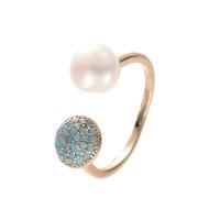 Pearl Brass Finger Ring, with Cubic Zirconia & Freshwater Pearl, Round, gold color plated, Adjustable & fashion jewelry & for woman, mixed colors, 8mm, Inner Approx 18mm 