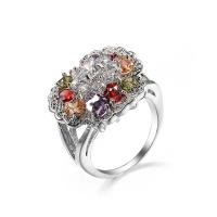 Cubic Zircon Brass Finger Ring, with Cubic Zirconia, Flower, platinum plated, fashion jewelry & for woman & faceted, multi-colored [