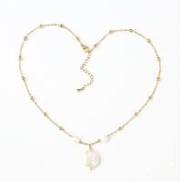 Natural Freshwater Pearl Necklace, 304 Stainless Steel, with Freshwater Pearl, with 5cm extender chain, Vacuum Ion Plating, for woman, golden, 14mm 3.5mm cm 