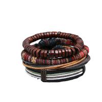 Bracelet en cuir artificiel, Cuir synthétique, avec tissu & bois, 4 pièces & multicouche & unisexe, couleur de café, Diamètre inté Environ 60mm, Vendu par fixé