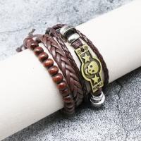Wrap Bracelets, PU Leather, with Zinc Alloy, Skull, plated, multilayer & punk style & for man, coffee color, Inner Approx 60mm 
