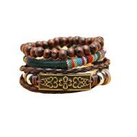 Wrap Bracelets, PU Leather, with Wood & Zinc Alloy, plated, fashion jewelry & multilayer & Unisex, coffee color, Inner Approx 60mm 