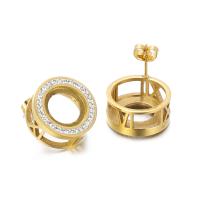 Stainless Steel Rhinestone Stud Earring, 304 Stainless Steel, Donut, Vacuum Ion Plating, for woman & with rhinestone, golden, 18mm 