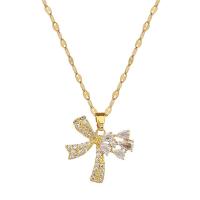Titanium Steel Jewelry Necklace, with Brass, with 2inch extender chain, Bowknot, real gold plated, micro pave cubic zirconia & for woman Approx 15.7 Inch [